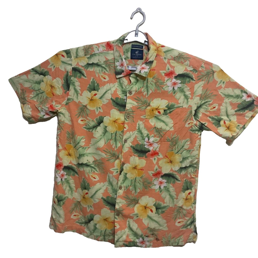 Caribbean Joe Hawaiian 100% silk Button Up Short Sleeve orange‎ men's shirt XL